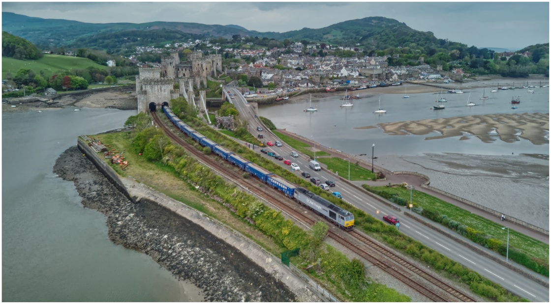 HS2 aggregate train passing Conwy May 2025: CREDIT: DC Rail