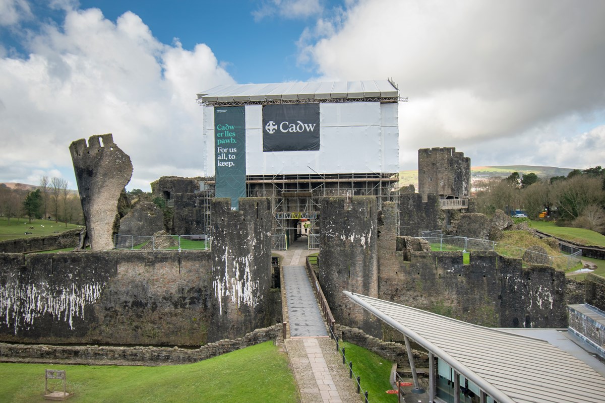 Caerphilly Castle Inner East Scaffolding and Wrap - Cadw