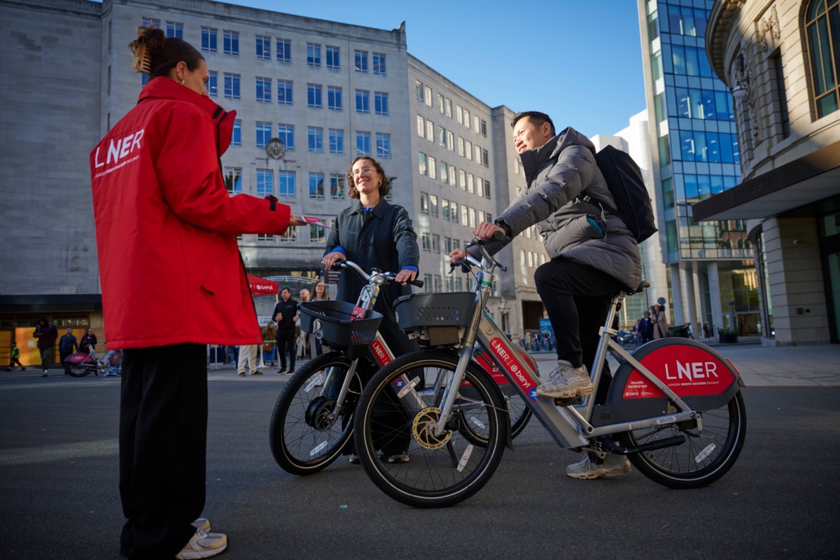 Customers with Beryl Bikes at Leeds Station