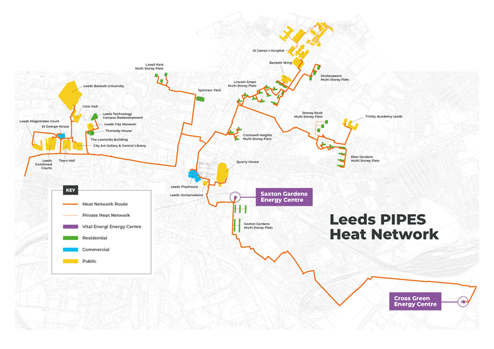 Map of the Leeds PIPES district heating network, December 2023: Map of the Leeds PIPES district heating network, December 2023