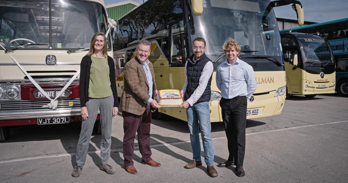 Cllr Kate Ravilious, Executive Member for Transport at York City Council, Andrew Jarvis, MD for Business & Coach at First Bus, Luke Charters MP and Joel Bradley, General Manager at York Pullman.
