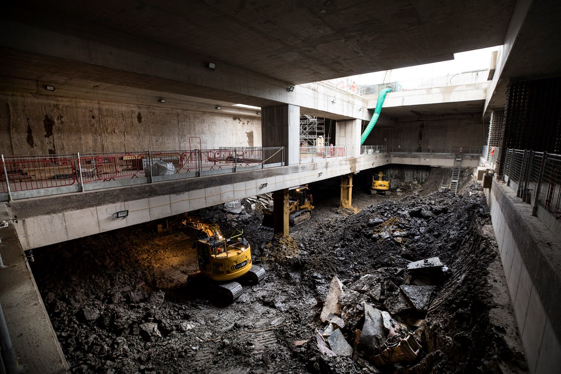 Old Oak Common Station, February 2023: Excavation underway within the Old Oak Common station box.