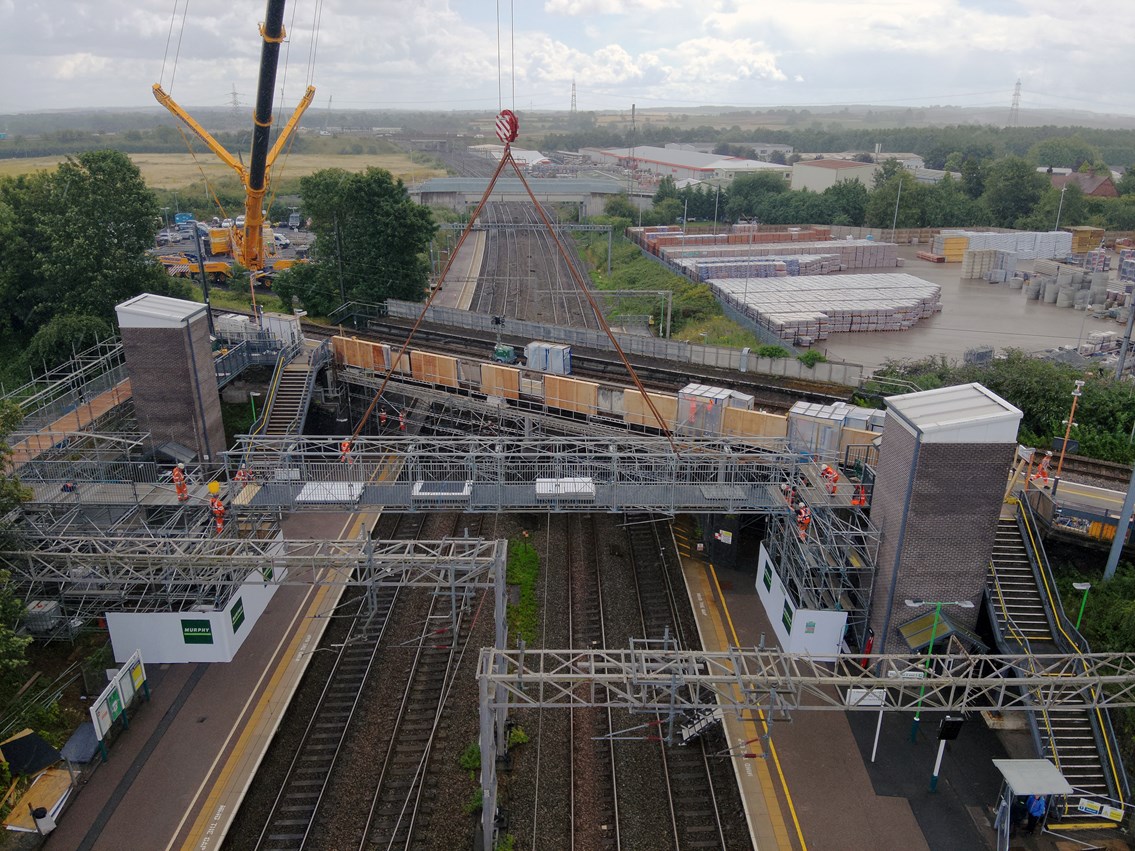 Temporary footbridge being lifted into place at Lichfield Trent Valley station