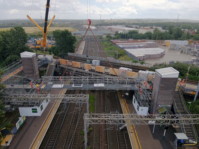 Temporary footbridge being lifted into place at Lichfield Trent Valley station: Temporary footbridge being lifted into place at Lichfield Trent Valley station