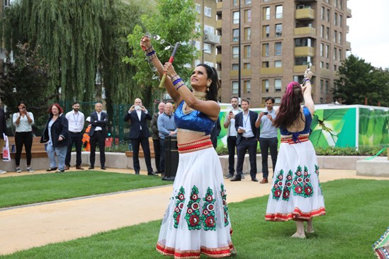 New temporary green space opens for community on HS2 site: Akademi South Asian Dancers perform at the opening event of the new community green space which has temporarily opened in Camden.