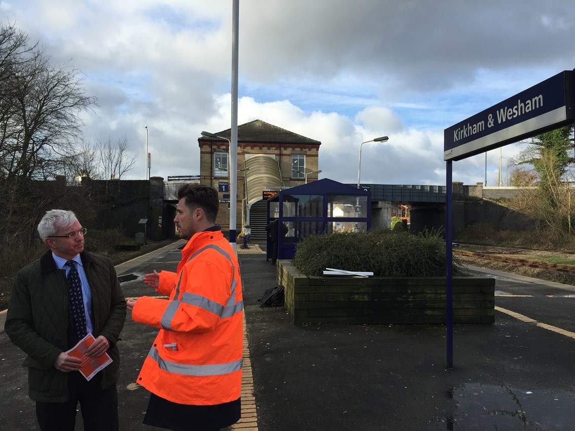Network Rail staff talking to passengers atr Kirkham and Wesham station Jan 16 2017