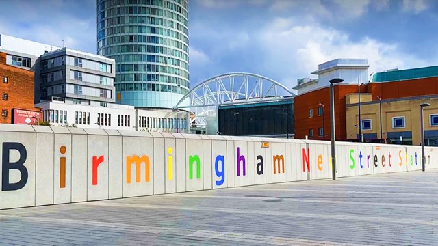 Birmingham New Street prepares for Pride and passengers aplenty: Birmingham New Street station Pride sign