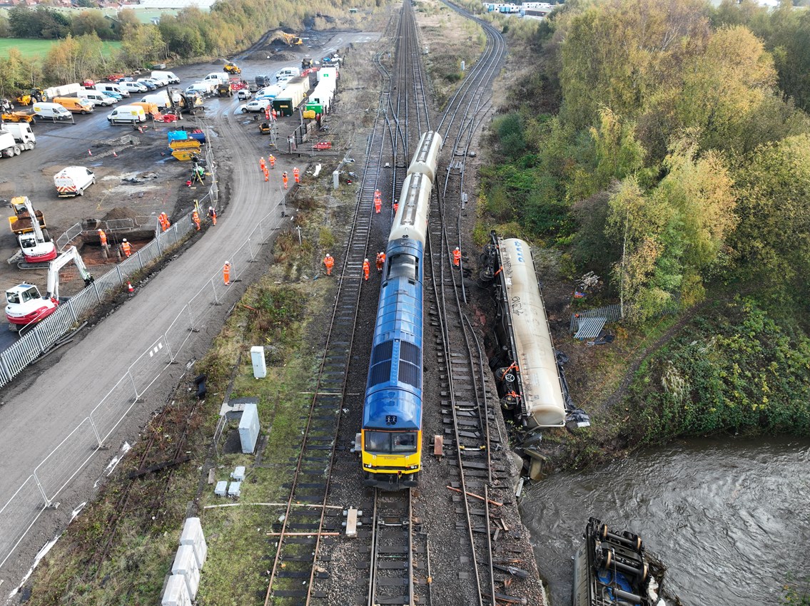 Recovery locomotive moving away rerailed wagons in Carlisle