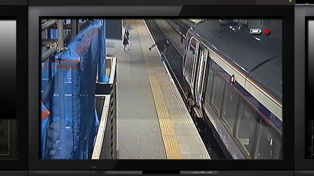 Station safety campaign - CCTV still image Edinburgh Waverley - man kicks pigeon and falls onto tracks: Station safety campaign - CCTV still image Edinburgh Waverley - man kicks pigeon and falls onto tracks