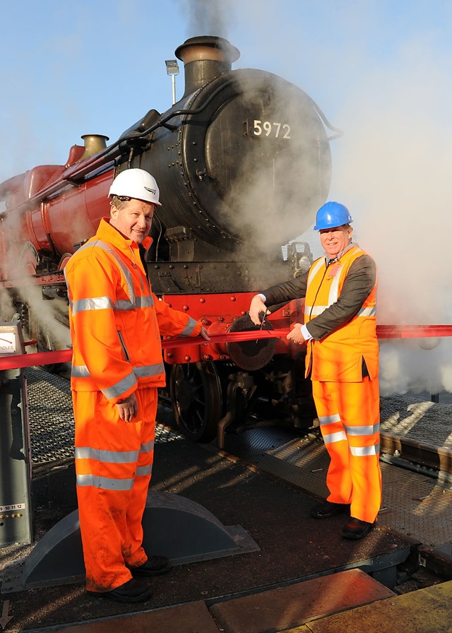 Turntable opening 16 Jan 2013: Rail Minister Simon Burns and Network Rail Route Managing Director Phil Verster see work start on the new Route Operating and Workforce Development Centres and officially open the turntable which has been brought in to replace the old York engineer's triangle.