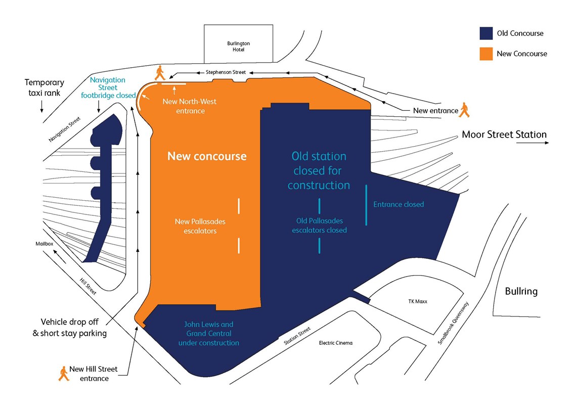 Station map April 2013: Map showing old and new concourses, and new station entrances.