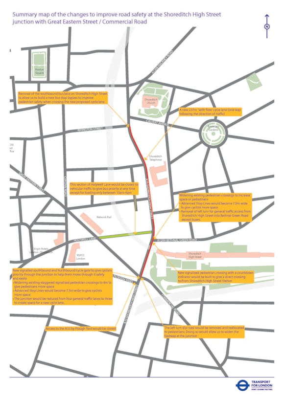 TfL sets out further plans to improve road safety in Shoreditch: TfL Image - Summary map of the proposed changes to improve road safety at the Shoreditch High Street junction with Great Eastern Street and Commercial Road