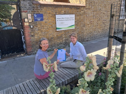 Alice Roberts, CPRE and Cllr Champion Cllr Rowena Champion, Executive Member for Environment, Air Quality, and Transport at Islington Council on the Robet Blair school street in Islington
