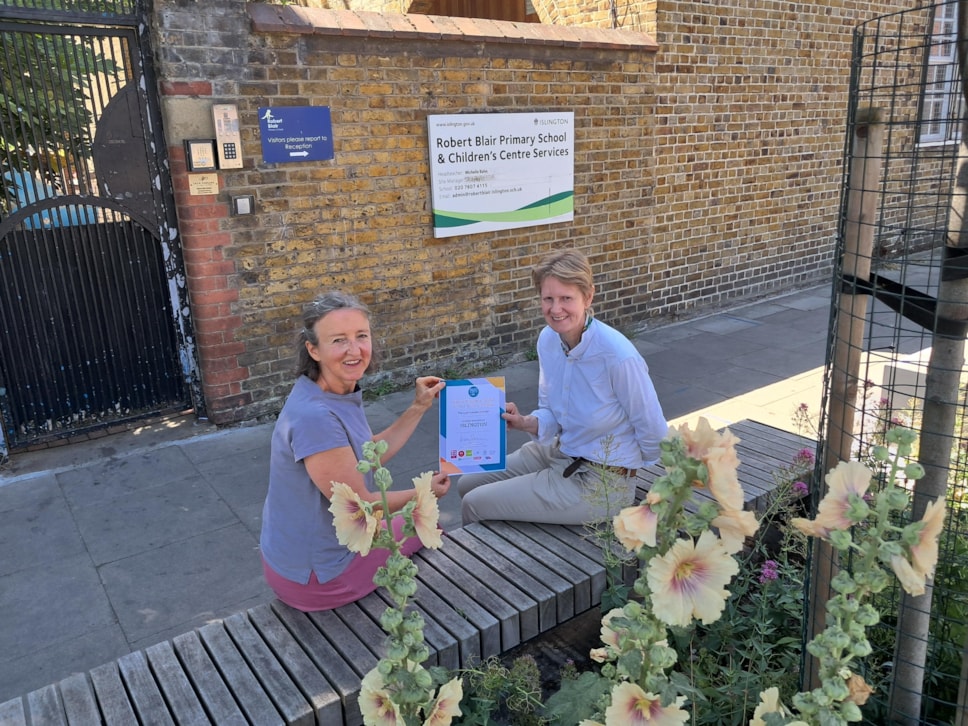 Alice Roberts, CPRE and Cllr Champion Cllr Rowena Champion, Executive Member for Environment, Air Quality, and Transport at Islington Council on the Robet Blair school street in Islington