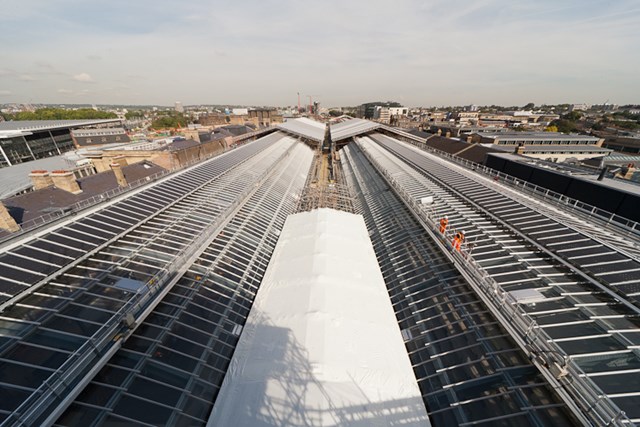 External view of the new King's Cross roof: For the first time in half a century, passengers can pass through the concourse at King’s Cross station bathed in natural daylight after the first section of the new roof was unveiled.