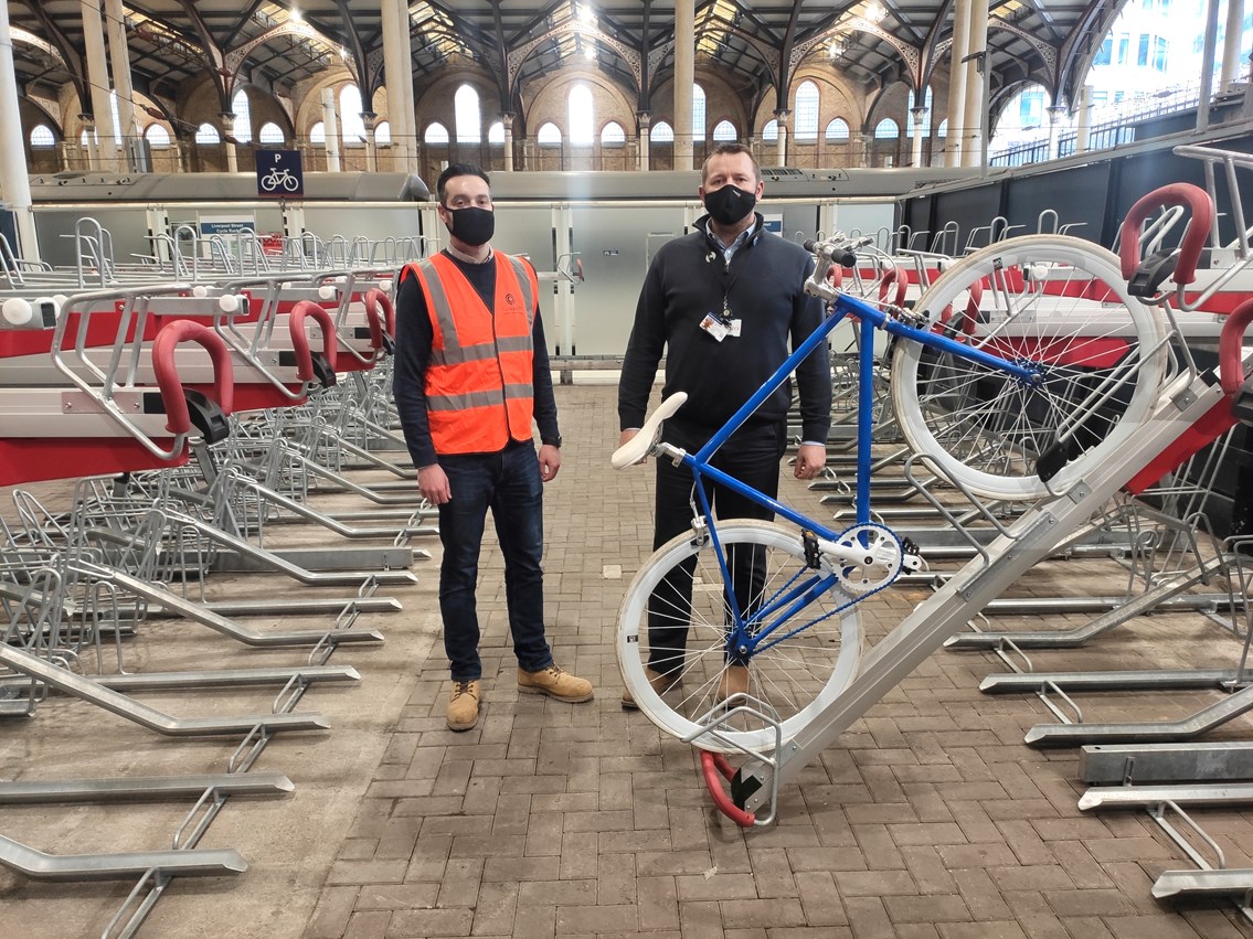 New cycle racks installed at Liverpool Street station to help passengers back into the saddle: Jon Imeson from Cyclepods with Jon Mills from Network Rail