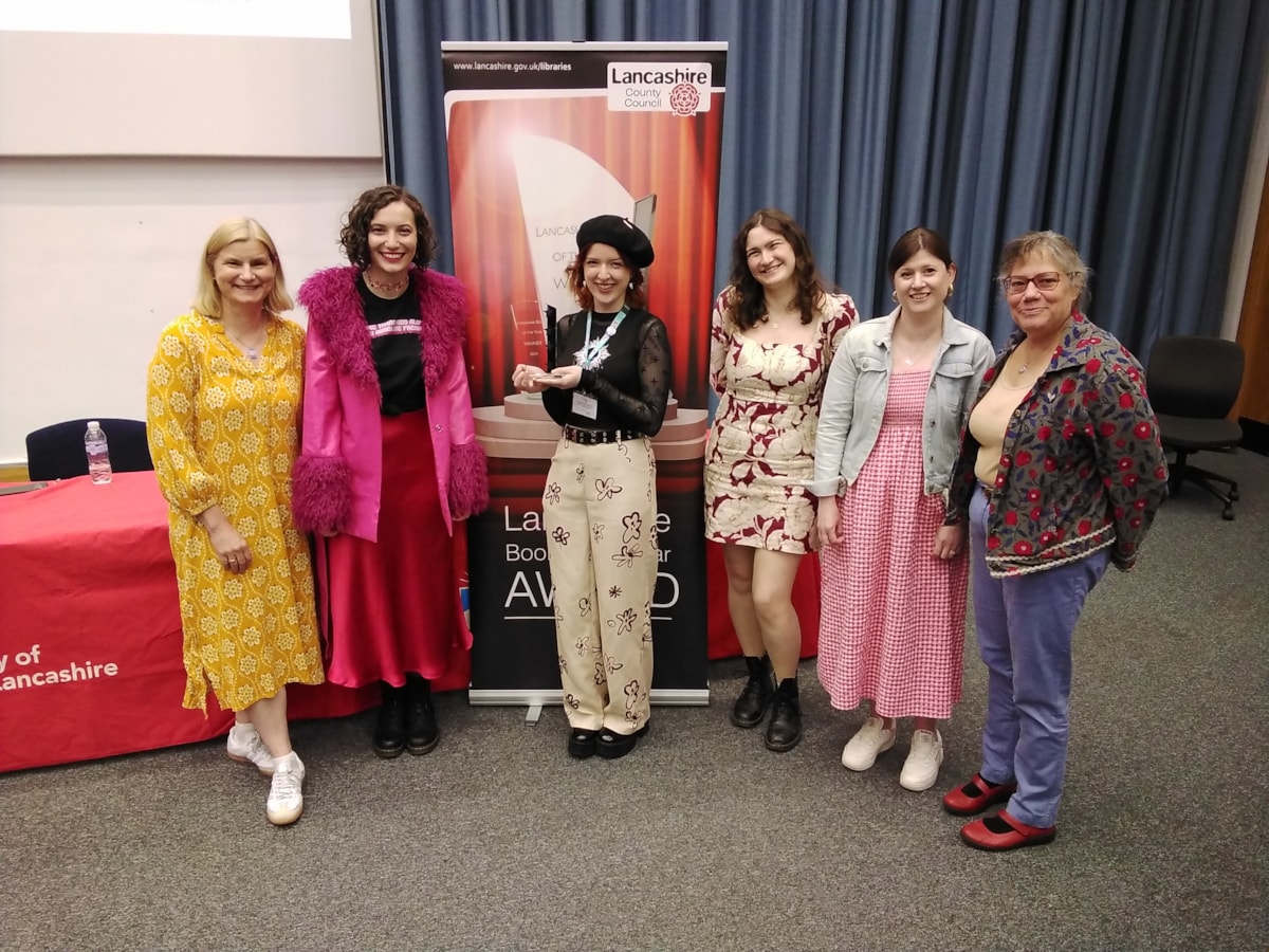 A representative for Cynthia Murphy with fellow shortlisted authors, from left: Sue Wallman, Bea Fitzgerald, Holly Emmett, Sarah Underwood, Kate Weston and Elizabeth Wein