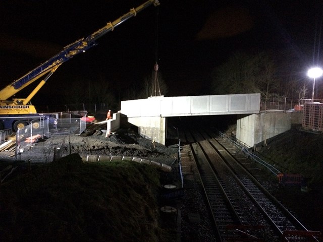 Drumgrew Road bridge parapets being lifted into position