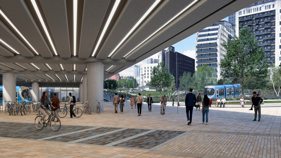 Visualisation showing trams and cyclists at the eastern entrance to the new Curzon Street station