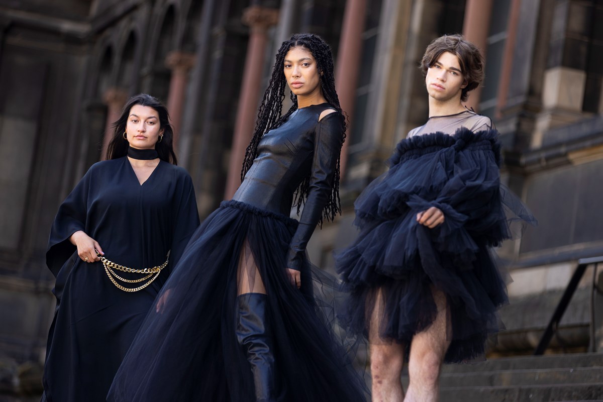 Models (L-R) Shannon Summers, Grace Dempsey and Joshua Cairns arrive at the National Museum of Scotland ahead of the opening of Beyond the Little Black Dress on  Saturday (1 July). The exhibition deconstructs an iconic wardrobe staple, examining the radical power of the colour black in fashion. Image copyright Duncan McGlynn.-4