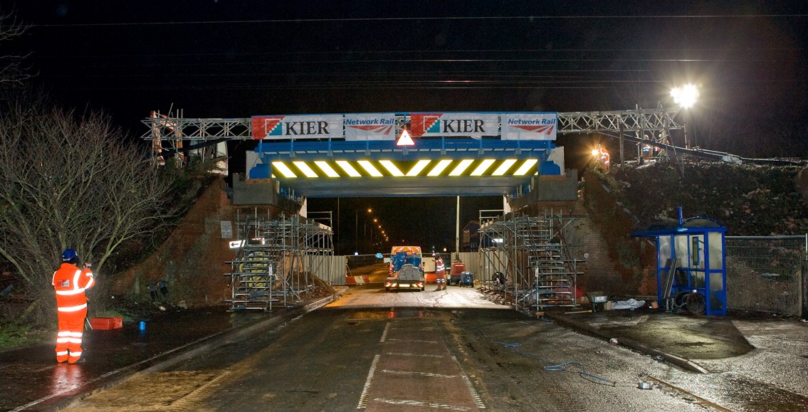 Christmas night, bridge is on site: The new bridge deck at Diss is in place after engineers worked through the night on Christmas Eve and through Christmas Day to remove the old bridge.