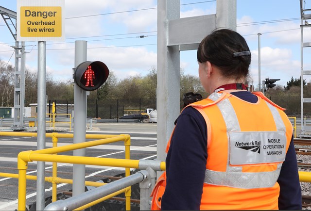 Network Rail carrying out bank holiday preparation work for new Brent Cross West station: Copyright: Brent Cross Cricklewood regeneration programme. Brent Cross West March 2021 lxxxi New level crossing Network Rail Mobile operations manager Michelle Gull