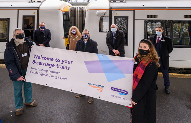 Kings Lynn 11 December eight carriage train event KL: Welcoming the first eight carriage train to King's Lynn are (left to right) John Grant FLUA Chairman, Keith Jipps GTR Infrastructure Director, Cllr Groom Deputy Mayor, James Wild MP, Brian Long Leader of Kings Lynn Council, Sarah-Jane Crawford Network Rail Principal Programme Sponsor Anglia, Rob Mullen Great Northern and Thameslink Train Services Director