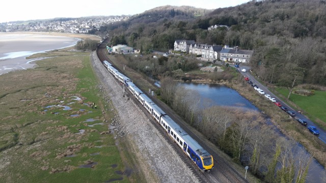 Aerial image of the derailed train in Grange-over-Sands: Aerial image of the derailed train in Grange-over-Sands