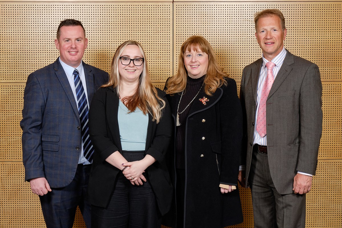 LtoR Head Teacher Scott Robertson, Kayleigh Williamson, Cllr Elaine Cowan and Cllr James Adams