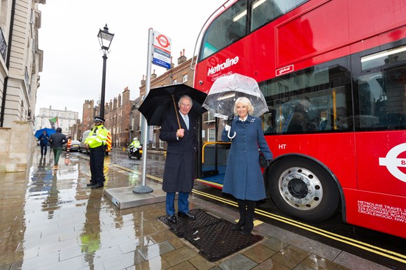 TfL Press Release - TfL marks 20th anniversary year with Royal visit to London Transport Museum: TfL Image - TfL20 Their Royal Highnesses boarding London electric bus at Clarence House