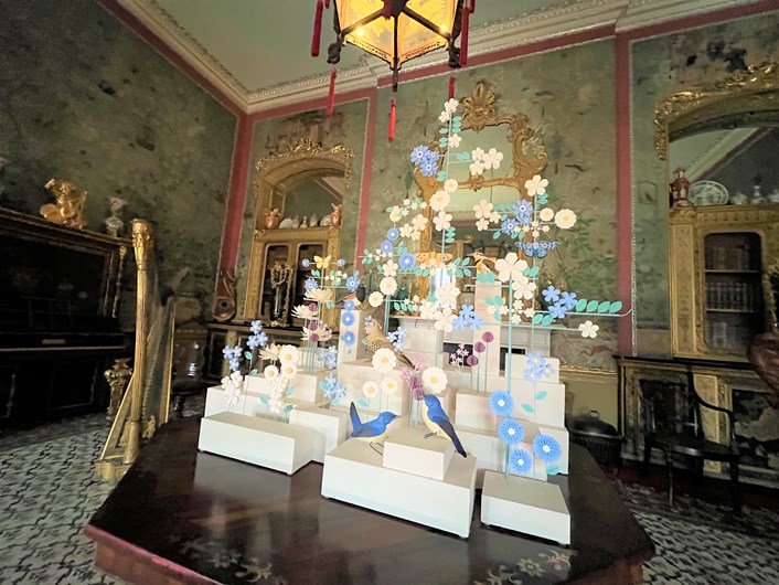 Outside In: Using delicate paper, artist Diana Beltrán Herrera’s Forever Spring sees a flock of stunning exotic birds take flight inside the house’s Chinese Drawing Room, famed as one of the world’s most extravagantly decorated rooms.