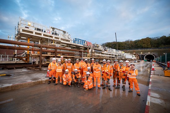 Long Itchington Wood Tunnel, Warwickshire: The tunnelling team celebrate the second launch of TBM Dorothy, as she begins her second one mile tunnel drive to build HS2's Long Itchington Wood Tunnel in Warwickshire.