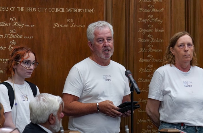 Baton of Hope - Leeds tour 7: Baton of Hope UK founder Mike McCarthy delivered a deputation to the meeting of full council during the day, speaking about suicide prevention and the Baton of Hope tour. He is pictured with fellow volunteers Ellie Scott, left, and Jayne Walsham.