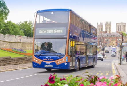 Metrodecker EV in York with Minster behind zero emission display 1080x736