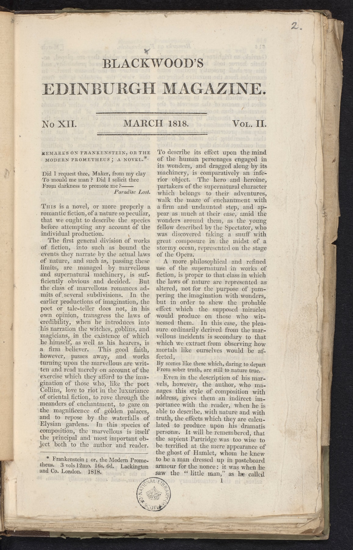 Walter Scott’s review of Frankenstein, published in March 1818 in Blackwood’s Edinburgh Magazine, this copy from Scott’s own library.
