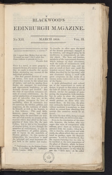 Walter Scott’s review of Frankenstein, published in March 1818 in Blackwood’s Edinburgh Magazine, this copy from Scott’s own library.
