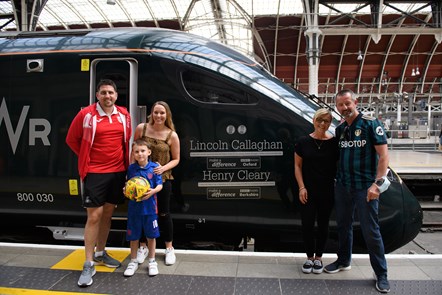 BBC Make A Difference Superstar Lincoln Callaghan, six, has become the youngest to have his name on the side of a train. He is pictured with members of his family including mum Ashleigh and dad Chris