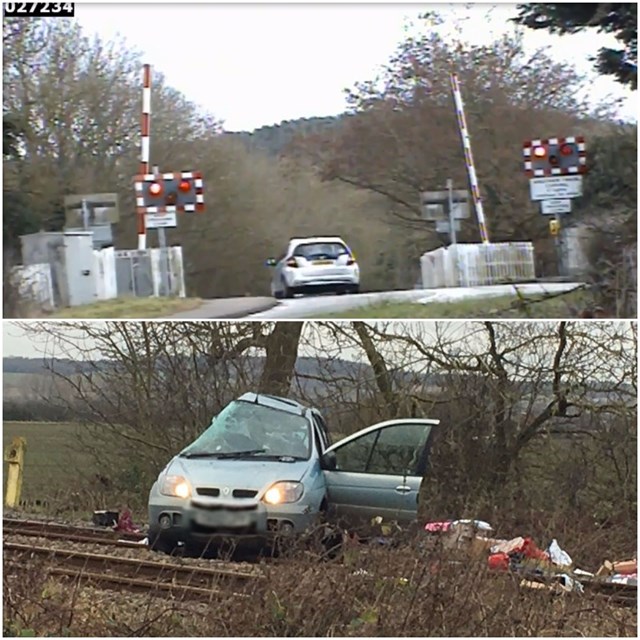 A Honda driving over the Marston level crossing and the Renault involved in the fatal crash in January 2017