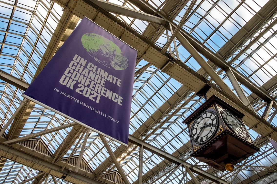 COP26 branding at Glasgow Central