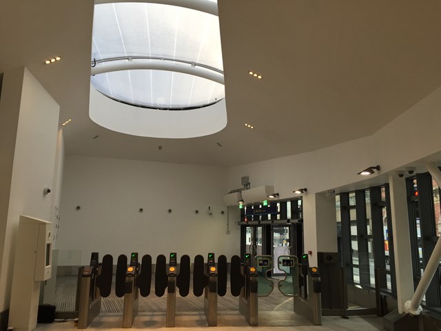 The bright and airy interior of the new southern exit at Birmingham New Street allowing natural light to stream in