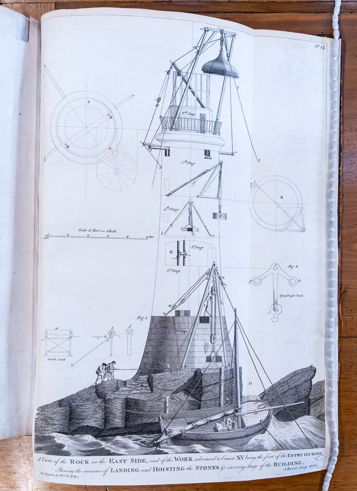 Engineery: Pages from the book containing original plans for John Smeaton's famous Eddystone Lighthouse. The beautiful first edition, penned by Smeaton himself, is on loan from Leeds Central Library, and among the fascinating objects featured in Engineery, a new exhibition which has opened at Leeds Industrial Museum. Image credit: Anthony Robling.