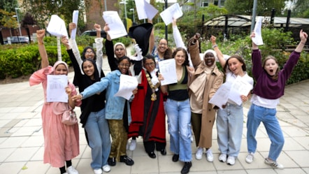 The Mayor of Islington Cllr Anjna Khurana celebrates GCSE results day with Elizabeth Garrett Anderson school pupils