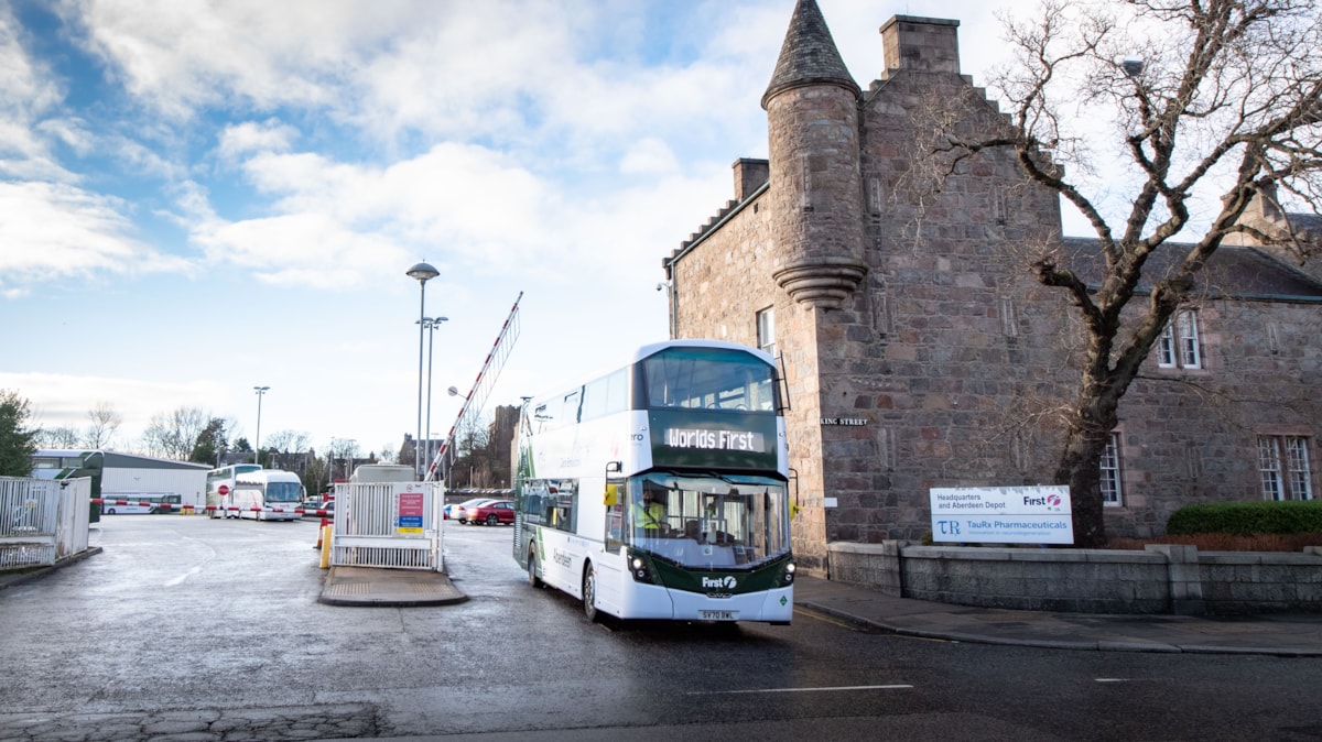 First Aberdeen's Hydrogen Double Decker fleet leaving the King Street depot HQ