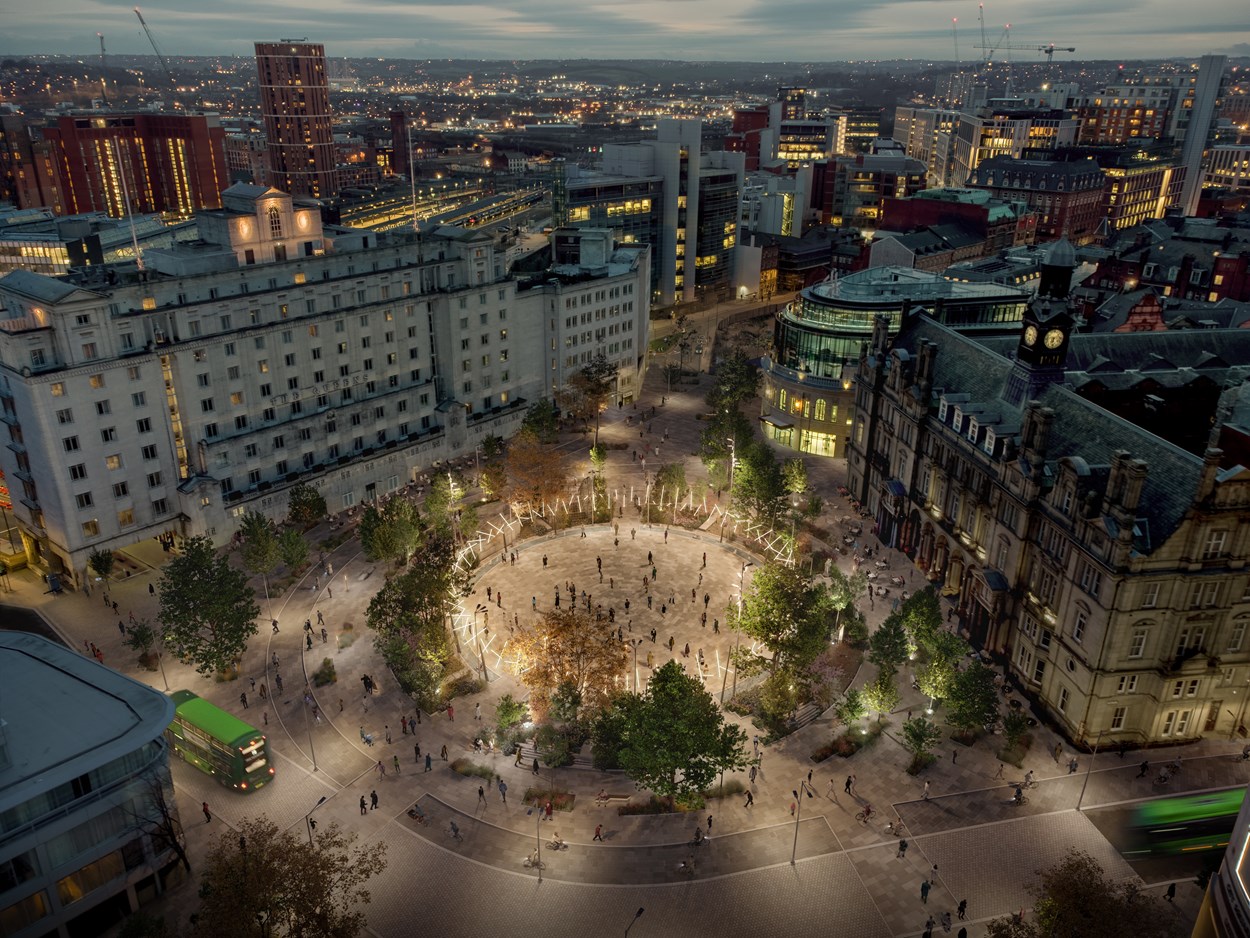 City Square, evening concept image: Image produced as part of initial concept work on plans for transformation of City Square in Leeds.
