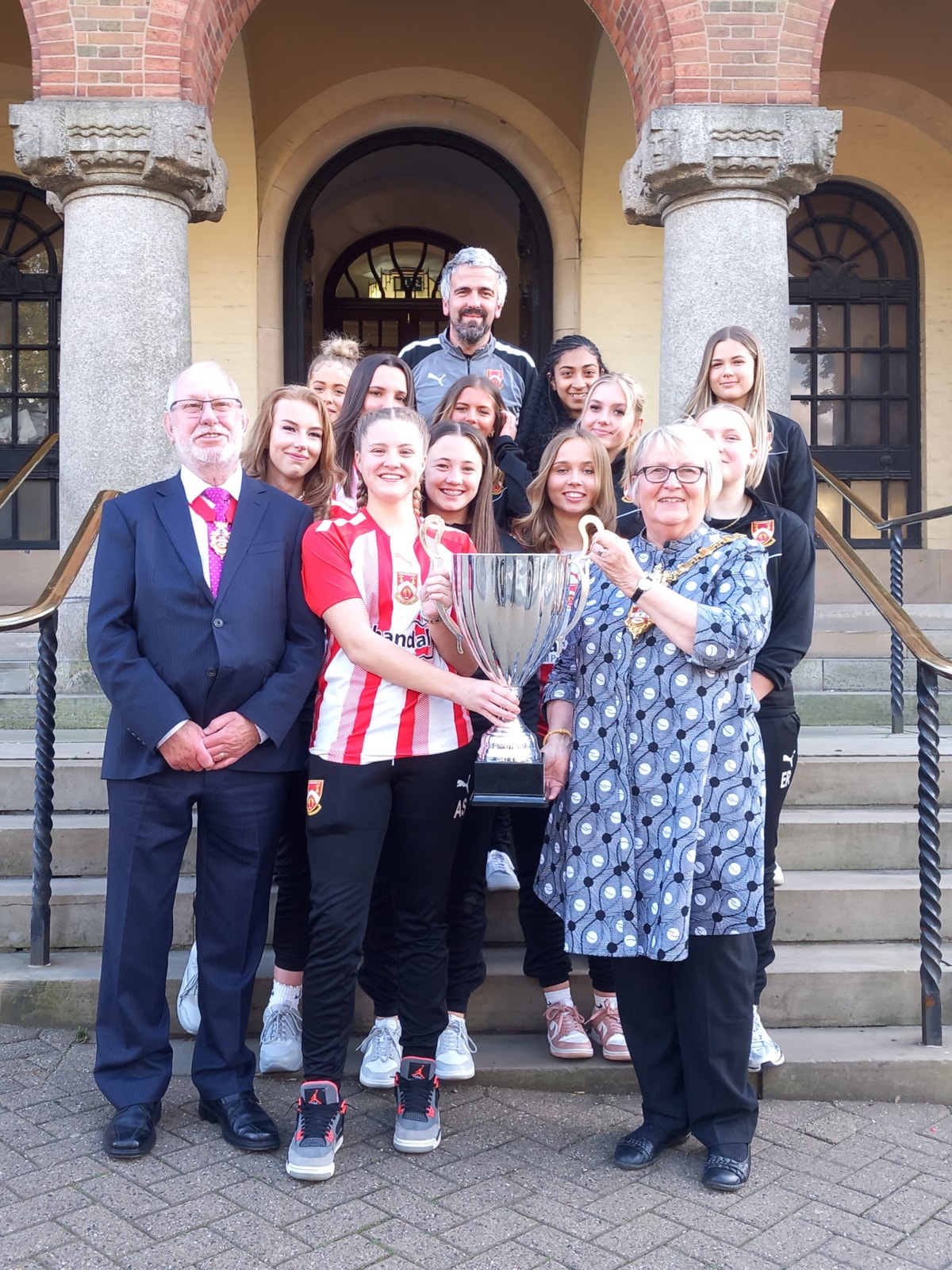 Mayor of Dudley meets Stourbridge FC Women Under-16s after cup triumph portrait cropped