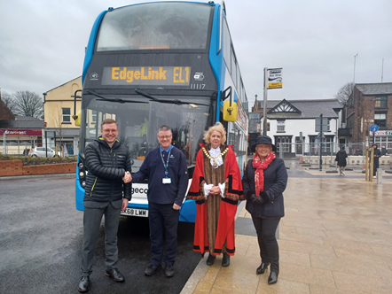 Lancashire County Councillor Scott Smith, lead member for highways and active travel, Stagecoach driver Peter Dallison, Mayor of West Lancashire Cllr Marilyn Westley and Lancashire County Councillor Nikki Hennessy (l-r) at Ormskirk's new bus station