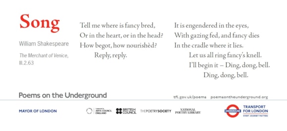 TfL marks 40 years of Poems on the Underground with new summer series across the network: TfL Image - William Shakespeare's Song from The Merchant of Venice