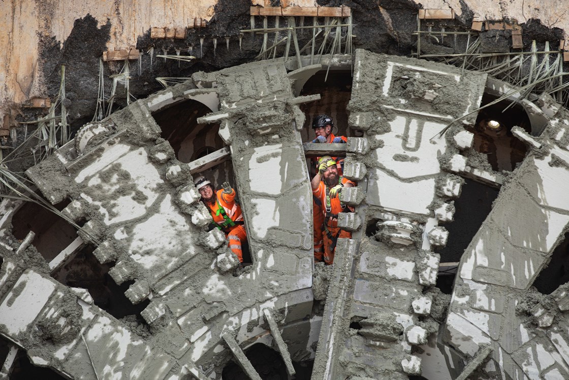 TBM crew wave through the cutter head after the breakthrough of Florence 270224