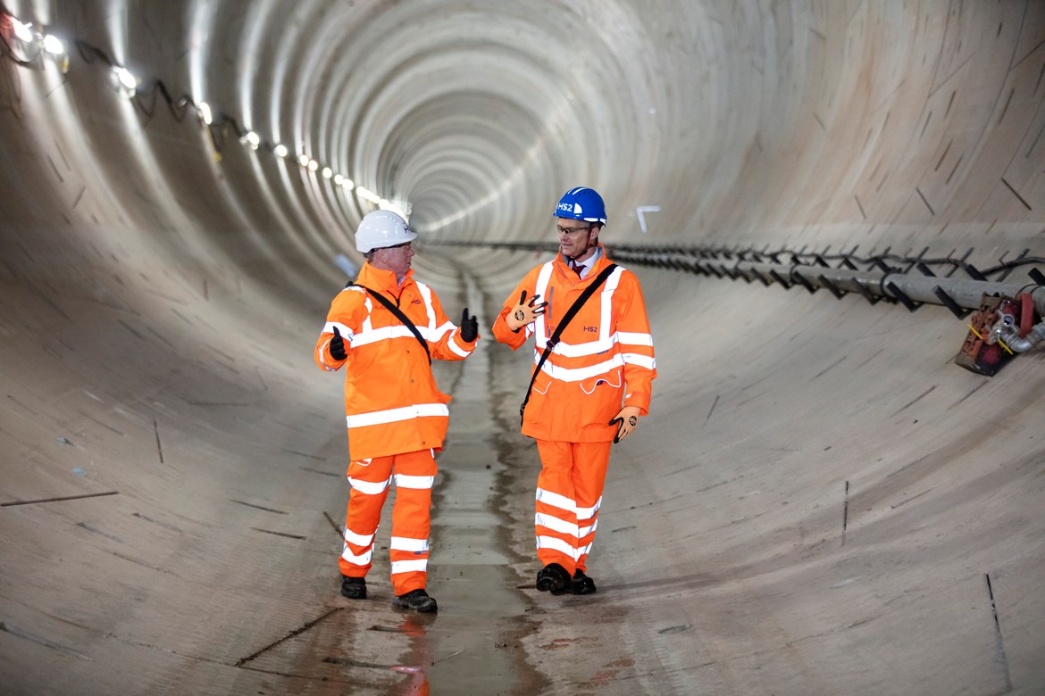 Transport Secretary makes historic first journey through a completed HS2 tunnel: HS2 Ltd CEO Mark Thurston and Mark Harper MP, Secretary of State for Transport