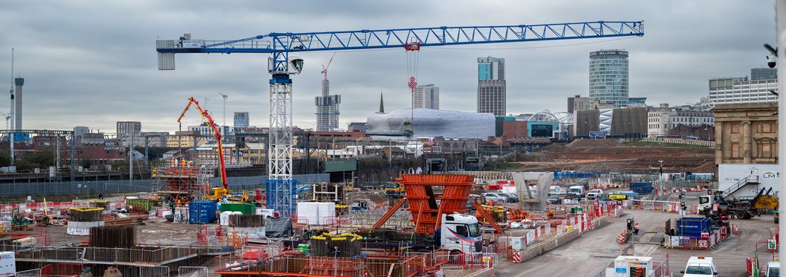 HS2's Curzon Viaduct site in Birmingham, January 2023: View looking north towards Birmingham, with the first giant V-shaped piers for the 300 metres long viaduct that will bring high speed trains into the new Curzon Street Station visible.